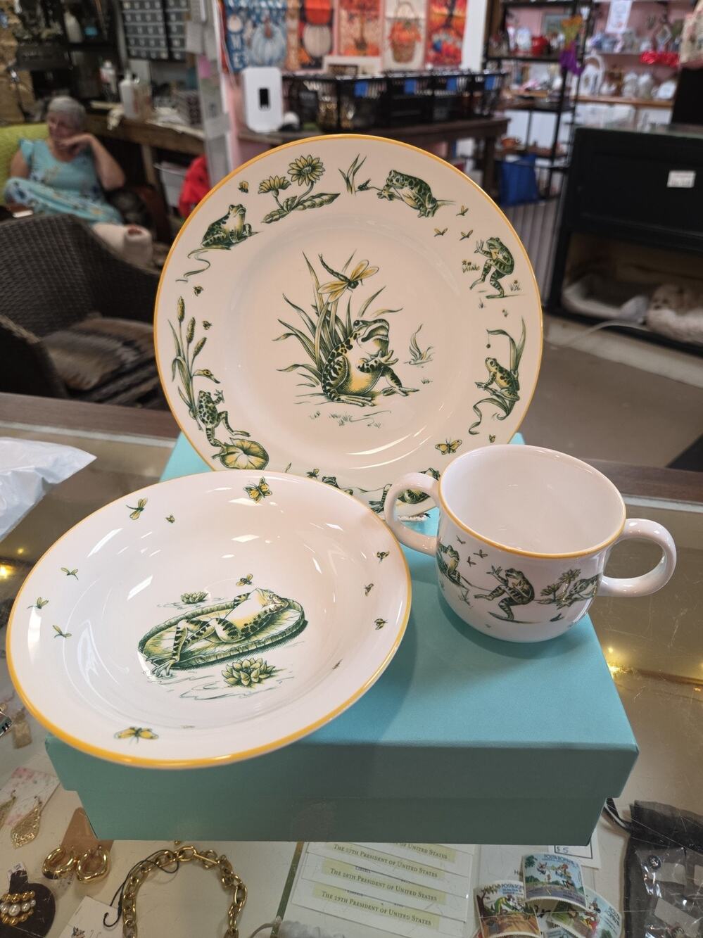 Tiffany & Co. Pond 2004 Frog Bone China Plate Saucer Bowl Cup Mug Full 3pc Set